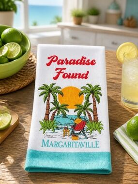 Margaritaville White Towel with Red, Teal & Yellow Tropical Print